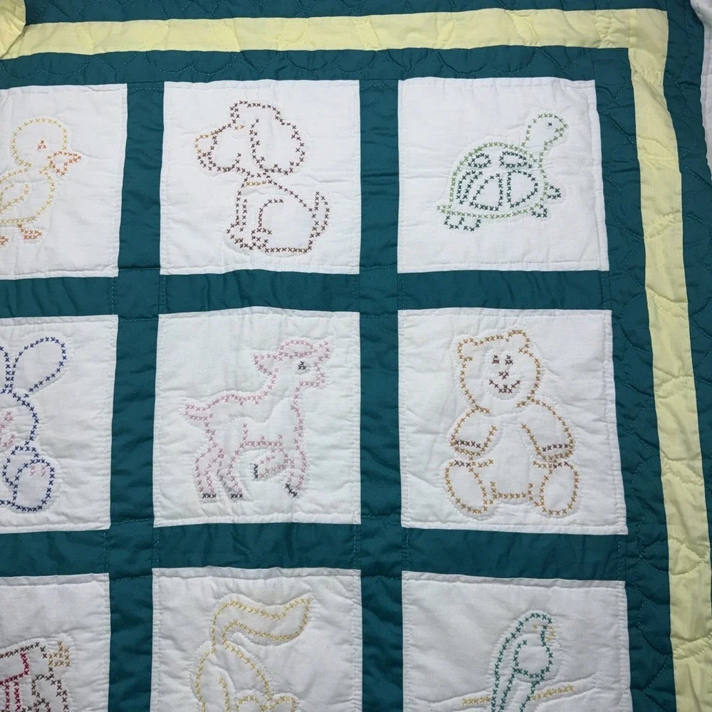 Vintage Cross Stitched Baby Quilt Completed 55X42